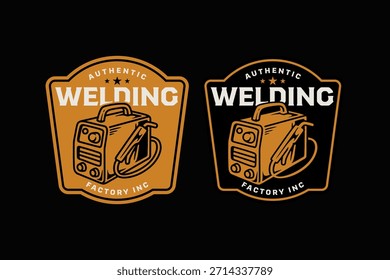 Welding machine retro badge logo design set for factory. Metal welder tool vintage patch sticker pack for workshop. Arc welding equipment rustic emblem element design bundle for industrial