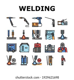 Welding Machine Tool Collection Icons Set Vector. Welding Equipment And Electrodes, Manual Arc And Plasma, Electroslag And Spot Concept Linear Pictograms. Contour Color Illustrations