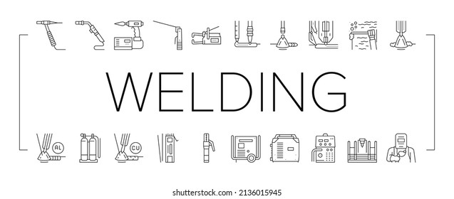 Welding Machine Tool Collection Icons Set Vector. Welding Equipment And Electrodes, Manual Arc And Plasma, Electroslag And Spot Black Contour Illustrations