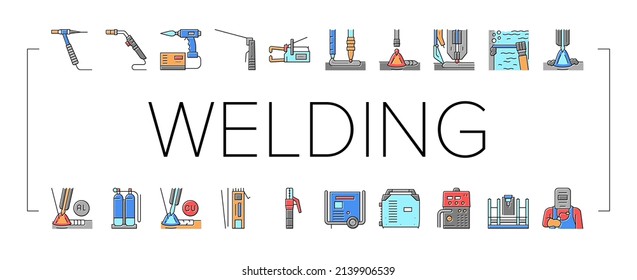 Welding Machine Tool Collection Icons Set Vector. Welding Equipment And Electrodes, Manual Arc And Plasma, Electroslag And Spot Concept Linear Pictograms. Contour Color Illustrations
