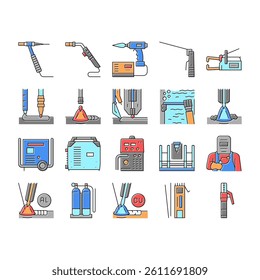 Welding Machine Tool Collection Icons Set Vector. Welding Equipment And Electrodes, Manual Arc And Plasma, Electroslag And Spot Concept Linear Pictograms. Contour Color Illustrations