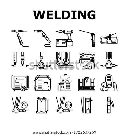 Welding Machine Tool Collection Icons Set Vector. Welding Equipment And Electrodes, Manual Arc And Plasma, Electroslag And Spot Black Contour Illustrations