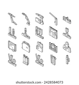Welding Machine Tool Collection isometric icons set. Welding Equipment And Electrodes, Manual Arc And Plasma, Electroslag And Spot Concept Linear Pictograms. Contour Color .