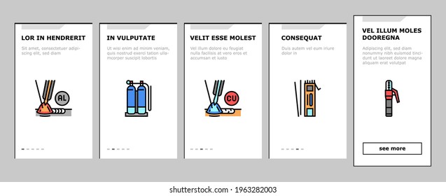 Welding Machine Tool Onboarding Mobile App Page Screen Vector. Welding Equipment And Electrodes, Manual Arc And Plasma, Electroslag And Spot Illustrations