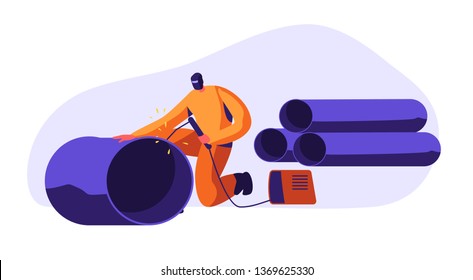 Welding Man Steel Piping In Industrial Automotive Factory. Metal Industry Worker In Protection Mask And Uniform Welding Steel Or Iron Pipe. Metallurgy Processing. Cartoon Flat Vector Illustration