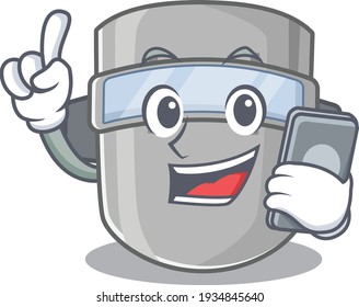 Welding mask caricature character speaking with friends on phone