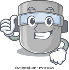 Welding mask cartoon character design showing OK finger