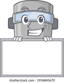 Welding mask cartoon design style standing behind a board