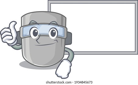 Welding mask cartoon design with Thumbs up finger bring a white board