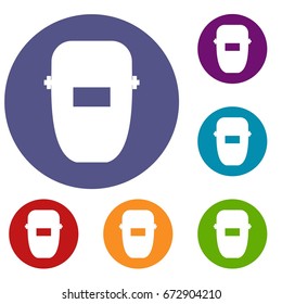 Welding mask icons set in flat circle reb, blue and green color for web