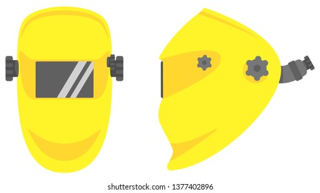 Welding mask with a mount on the head. Yellow. Look in the face and in profile. Isolated vector image