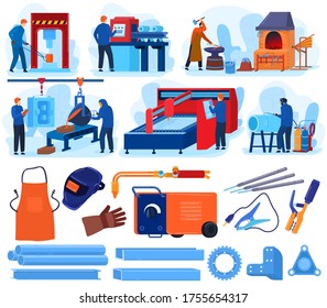 Welding metal work vector illustrations. Cartoon flat set with blacksmith metalworking tool equipment, welder worker people forging, working on anvil foundry, iron or steel industry isolated on white