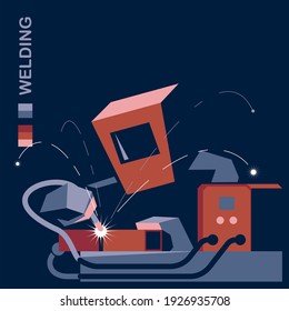 Welding and metalworks, welder silhouette with Manual Metal Arc MMA, MIG or TIG types of welding. Vector