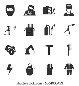 Welding, monochrome icons set. Tools and work with welding equipment simple symbols collection