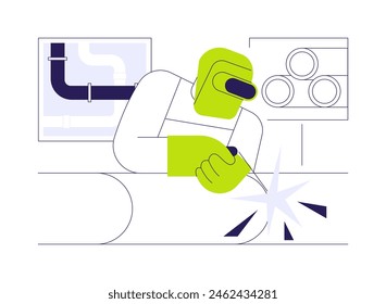 Ilustración vectorial abstracta del concepto de las tuberías de soldadura. Soldador de tubos de Profesional en máscara protectora en el trabajo, trabajo de excavación, construcción comercial, metáfora abstracta de utilidad subterránea.