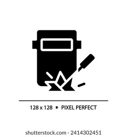 Welding pixel perfect black glyph icon. Railway track maintenance. Railcar repair. Manufacturing engineering. Silhouette symbol on white space. Solid pictogram. Vector isolated illustration