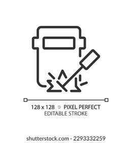 Icono lineal perfecto del píxel de soldadura. Mantenimiento de vías férreas. Reparación del tren. Ingeniería manufacturera. Ilustración de línea delgada. Símbolo de contorno. Dibujo del contorno del vector. Trazo editable