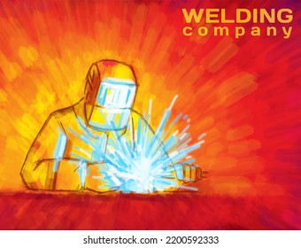 Welding process vector illustration. Industrial construction with a worker manufacturing metal, hand drawn illustration with bright red and blue colors