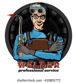 Welding professional welder and tools isolated on white welder industry pop art vector illustration 