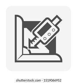 Welding quality inspection check or testing vector icon. Consist of metal, butt weld joint with bevel angle, fillet, misalignment gauge or measurement tool. To measure size, depth, angle by inspector.