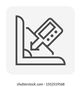 Welding quality inspection check or testing vector icon. Consist of metal, butt weld joint with bevel angle, fillet, misalignment gauge or measurement tool. To measure size, depth, angle by inspector.
