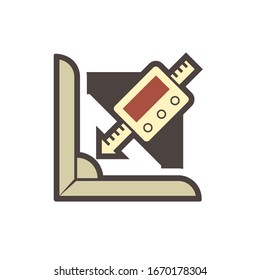 Welding quality inspection check or testing vector icon. Consist of metal, butt weld joint with bevel angle, fillet, misalignment gauge or measurement tool. To measure size, depth, angle by inspector.