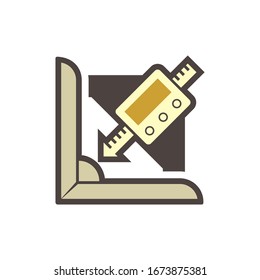 Welding quality inspection check or testing vector icon. Consist of metal, butt weld joint with bevel angle, fillet, misalignment gauge or measurement tool. To measure size, depth, angle by inspector.