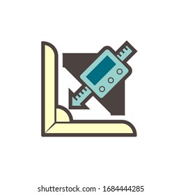 Welding quality inspection check or testing vector icon. Consist of metal, butt weld joint with bevel angle, fillet, misalignment gauge or measurement tool. To measure size, depth, angle by inspector.