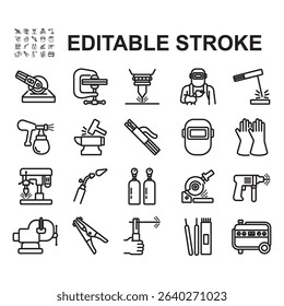 Welding repair icon set. Thin line style vector. Contains icons such as cutting with grinder, drilling, welding and more.