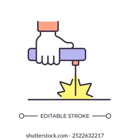 Welding RGB color icon. Hand holding welding torch. Metalwork concept. Industrial hand tool. Welding sparks. Isolated vector illustration. Simple filled line drawing. Editable stroke