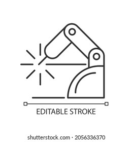 Welding robotics linear icon. Robotic application in manufacturing sector. Automating factory. Thin line customizable illustration. Contour symbol. Vector isolated outline drawing. Editable stroke