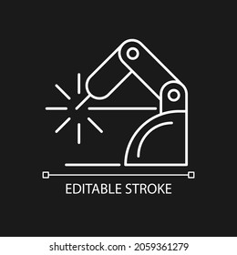 Welding robotics white linear icon for dark theme. Robotic application in manufacturing sector. Thin line customizable illustration. Isolated vector contour symbol for night mode. Editable stroke