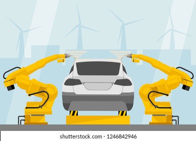 Welding Robots On The Car Assembly Line. Smart Factory. Vector Illustration