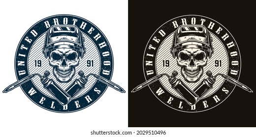 Welding round vintage label with welder skull in protective helmet and gas burners isolated vector illustration