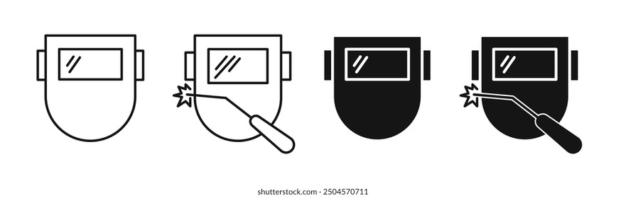 Welding safety helmet icon set. Welder mask vector pictogram in filled and outlined style. Ideal for safety equipment and industrial protection visuals.