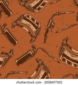 Welding seamless pattern in vintage style with gas torch burner and welder mask vector illustration