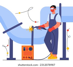 Welding service concept. Man repairs pipes, young guy in uniform with welding machine. Worker fix problems with water in home, building.