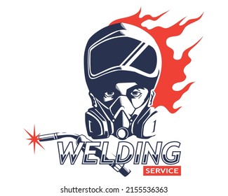 welding service logo vector consist welder  head   welding torch and simple fire background
