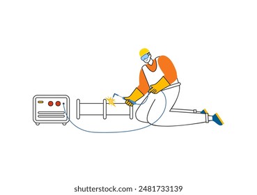 Ilustración vectorial de servicio de soldadura con un soldador de Profesional que trabaja en estructuras metálicas, tuberías y construcciones de acero en un fondo plano