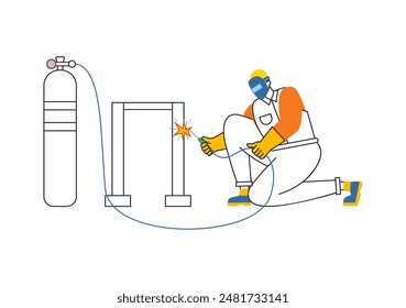 Ilustración vectorial de servicio de soldadura con un soldador de Profesional que trabaja en estructuras metálicas, tuberías y construcciones de acero en un fondo plano