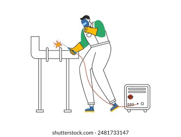 Ilustración vectorial de servicio de soldadura con un soldador de Profesional que trabaja en estructuras metálicas, tuberías y construcciones de acero en un fondo plano