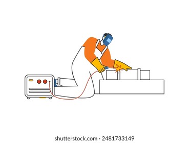 Ilustración vectorial de servicio de soldadura con un soldador de Profesional que trabaja en estructuras metálicas, tuberías y construcciones de acero en un fondo plano