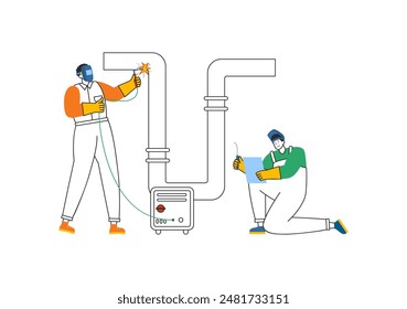 Ilustración vectorial de servicio de soldadura con un soldador de Profesional que trabaja en estructuras metálicas, tuberías y construcciones de acero en un fondo plano