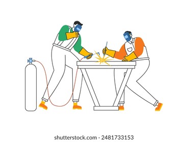 Welding Service Vector Illustration featuring a Professional Welder Working on Metal Structures, Pipes, and Steel Constructions in a Flat Background