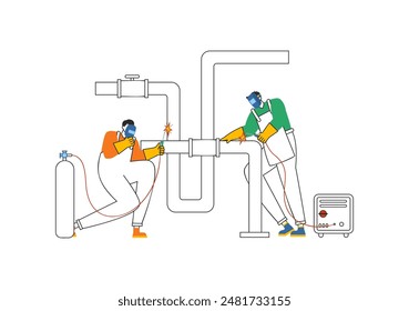 Ilustración vectorial de servicio de soldadura con un soldador de Profesional que trabaja en estructuras metálicas, tuberías y construcciones de acero en un fondo plano