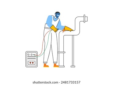 Ilustración vectorial de servicio de soldadura con un soldador de Profesional que trabaja en estructuras metálicas, tuberías y construcciones de acero en un fondo plano