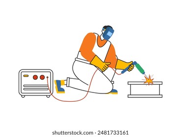 Welding Service Vector Illustration featuring a Professional Welder Working on Metal Structures, Pipes, and Steel Constructions in a Flat Background