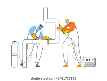 Ilustración vectorial de servicio de soldadura con un soldador de Profesional que trabaja en estructuras metálicas, tuberías y construcciones de acero en un fondo plano