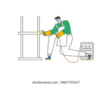 Ilustración vectorial de servicio de soldadura con un soldador de Profesional que trabaja en estructuras metálicas, tuberías y construcciones de acero en un fondo plano