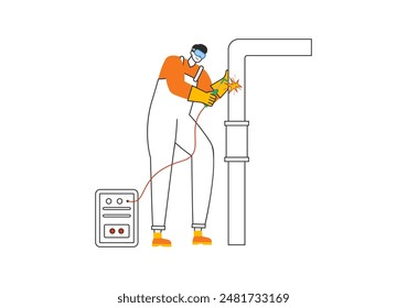 Ilustración vectorial de servicio de soldadura con un soldador de Profesional que trabaja en estructuras metálicas, tuberías y construcciones de acero en un fondo plano